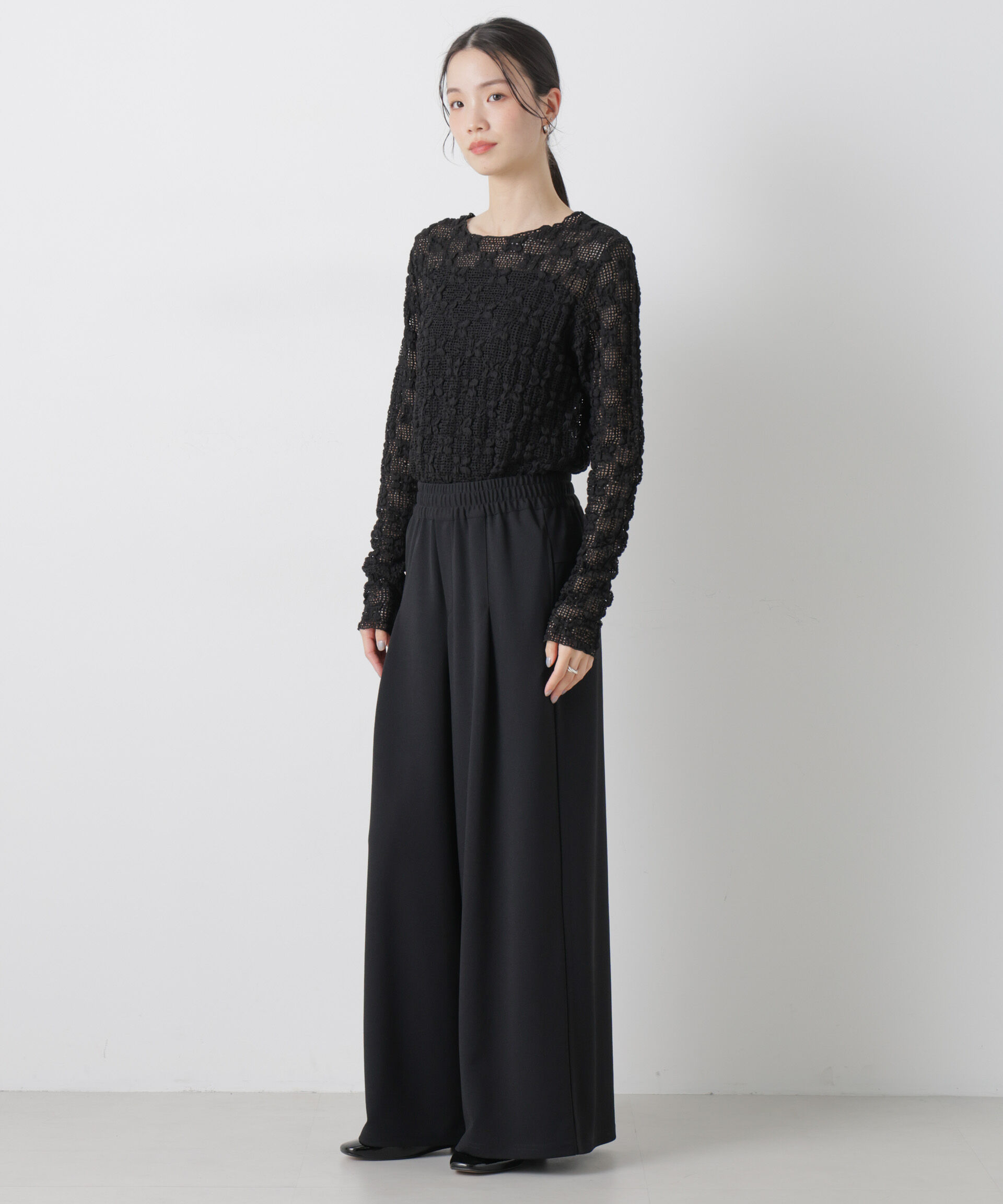 nano･universe「タックワイドカットジョーゼットパンツ」|チノ|