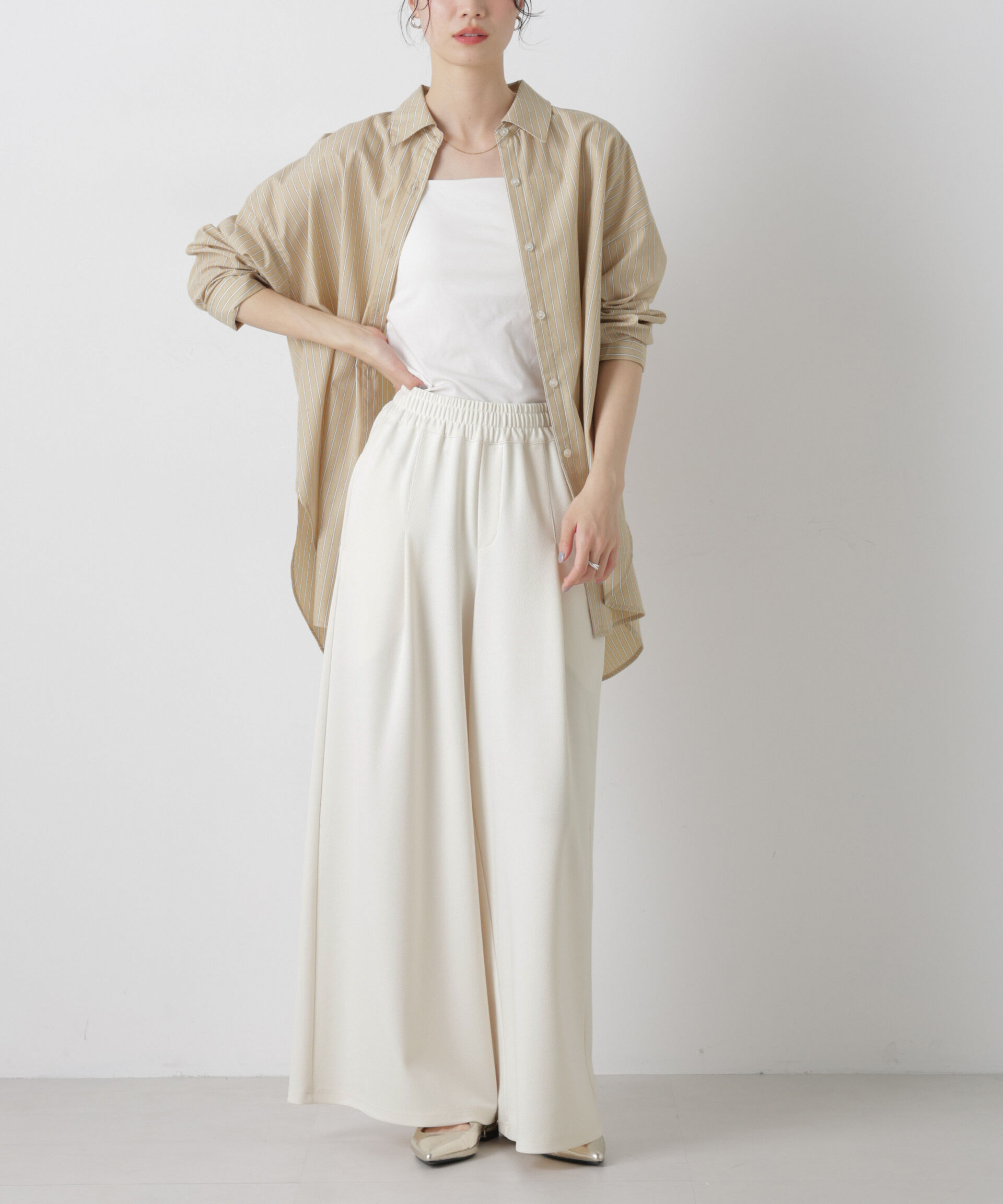 nano･universe「タックワイドカットジョーゼットパンツ」|チノ|アイボリー7