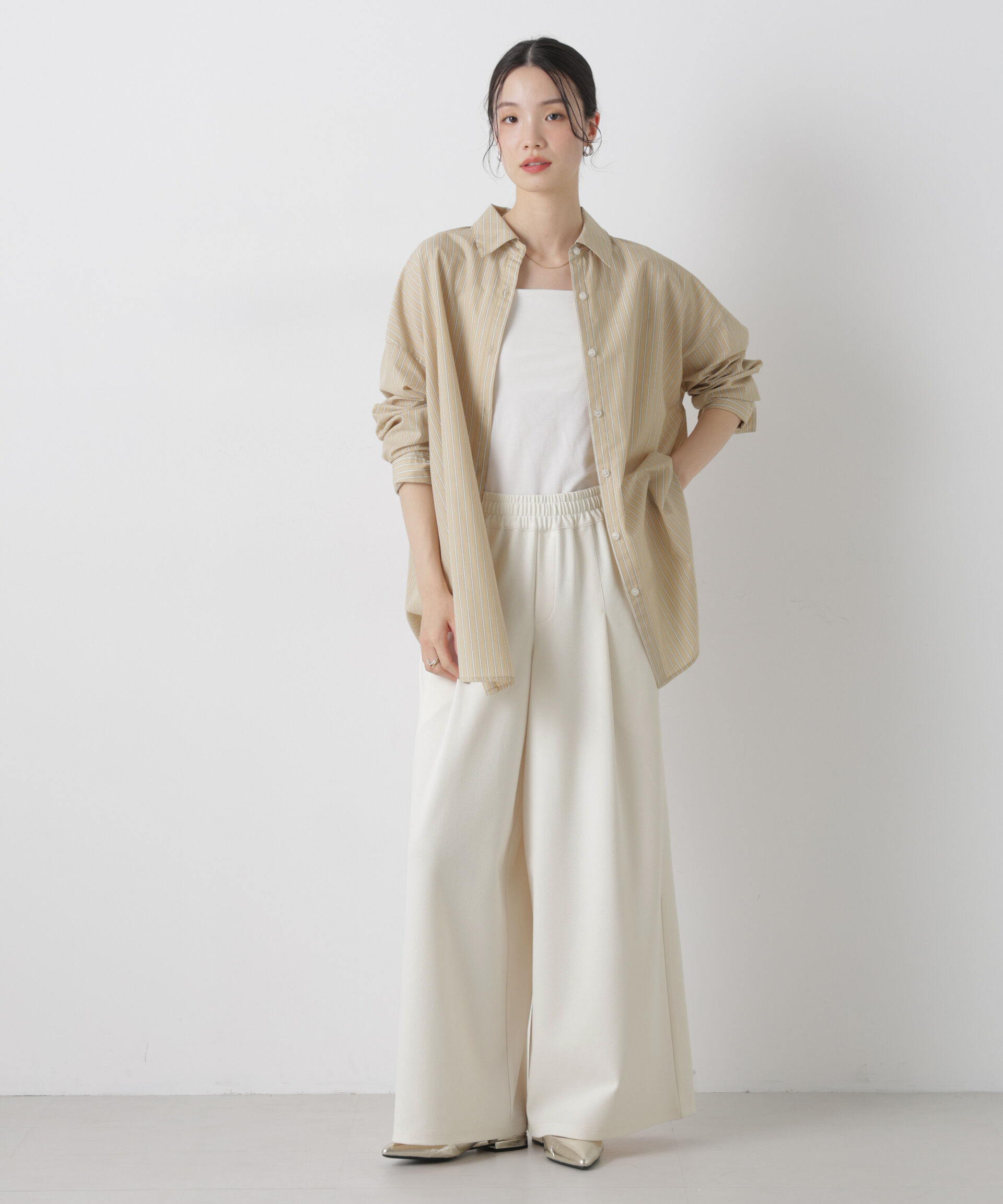 nano･universe「タックワイドカットジョーゼットパンツ」|チノ|