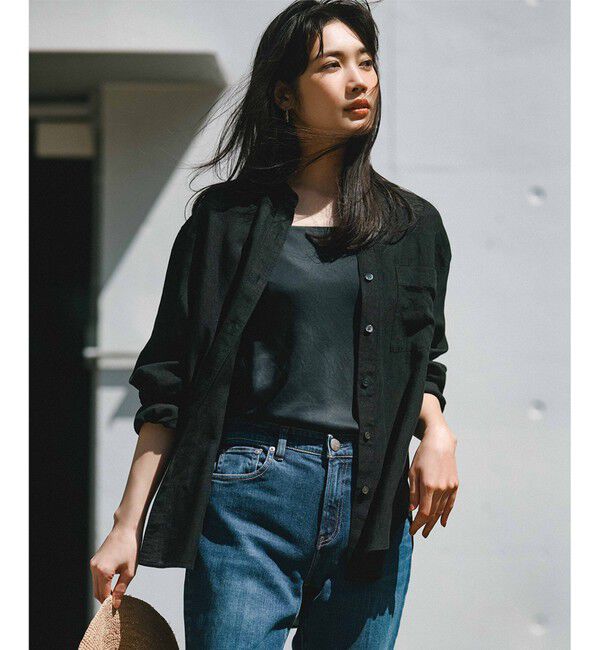 23区「【洗える】LIBECO バンドカラー シャツ」|シャツ・ブラウス|ブラック