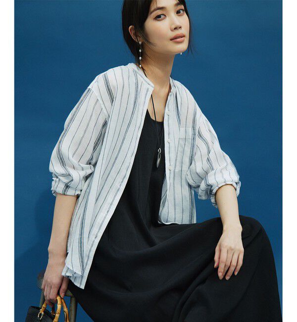 23区「【洗える】LIBECO バンドカラー シャツ」|シャツ・ブラウス|ﾎﾜｲﾄ&times;ﾈｲ