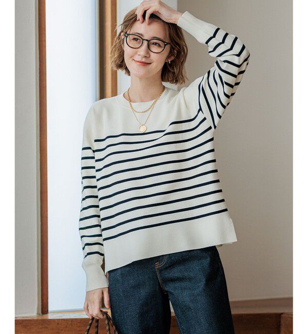 23区「【洗える】ヴィスコースストレッチ ミラノリブ ニット」|ニット・セーター|オフ&times;ブラック