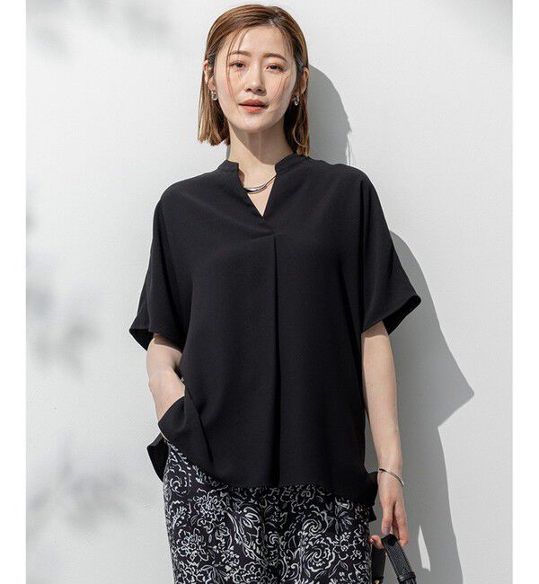 23区「【吸水速乾/UVカット/接触冷感】ストレッチジョーゼット バンドカラー カットソー」|Tシャツ・カットソー|ブラック系