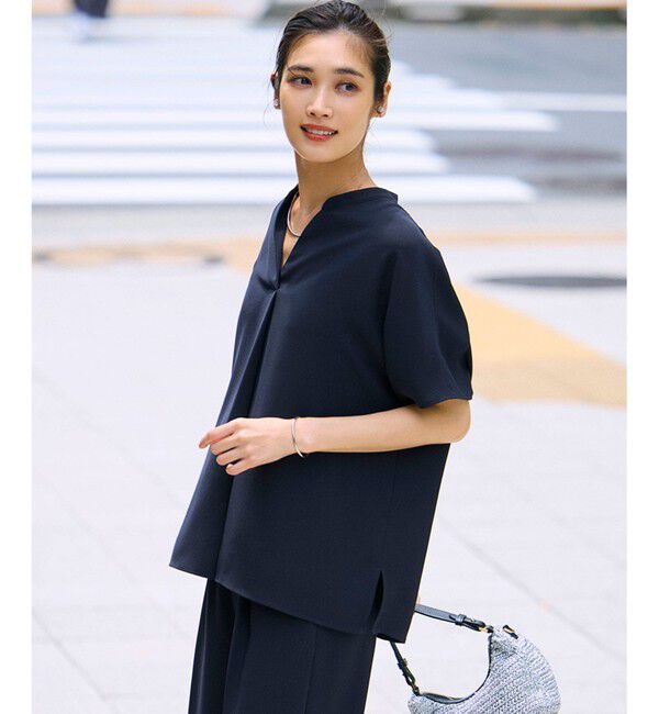 23区「【吸水速乾/UVカット/接触冷感】ストレッチジョーゼット バンドカラー カットソー」|Tシャツ・カットソー|ネイビー系