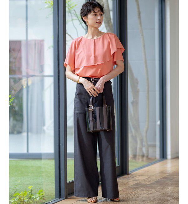 23区「【汗じみ防止/洗える】スムースデザイン ラッフルカラー カットソー」|Tシャツ・カットソー|