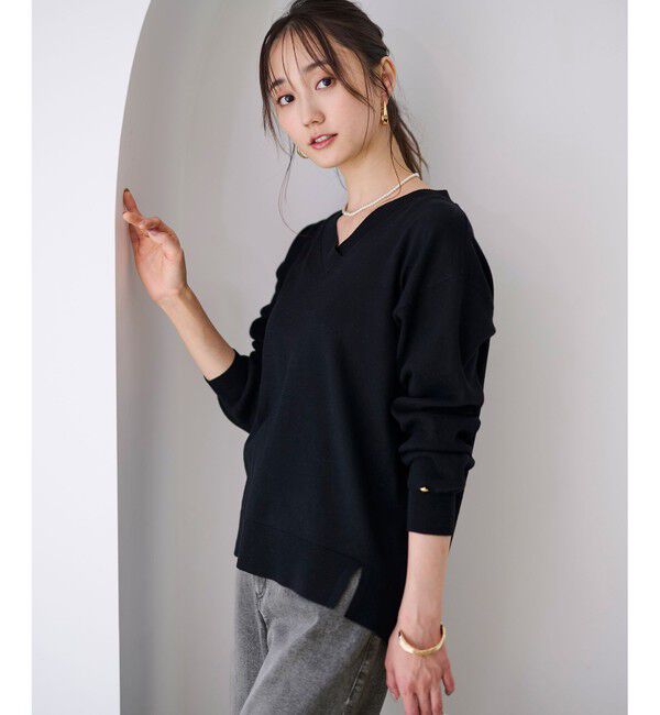 any SiS「【ウールブレンドシリーズ】フロント切替Vネック ニット」|ニット・セーター|ブラック