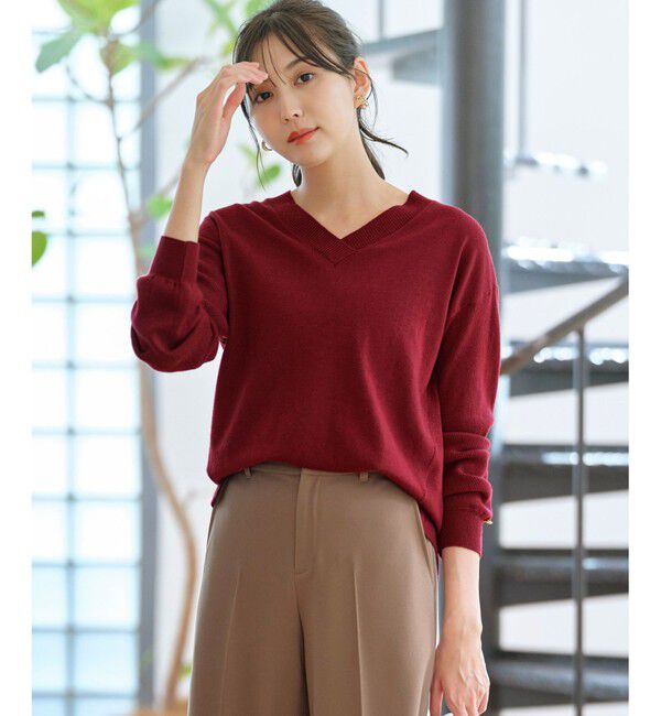 any SiS「【ウールブレンドシリーズ】フロント切替Vネック ニット」|ニット・セーター|ボルドー