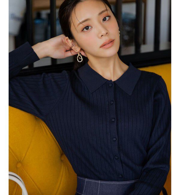 ANY SIS「ポロカラーリブ ニット」|ニット・セーター|ネイビー