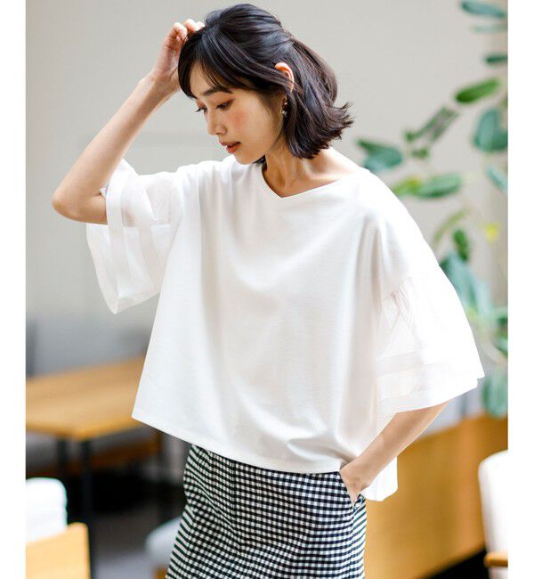 ANY SIS「ゆるVネックチュールフリル袖 プルオーバー」|Tシャツ・カットソー|