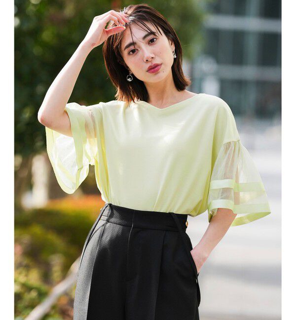 ANY SIS「ゆるVネックチュールフリル袖 プルオーバー」|Tシャツ・カットソー|