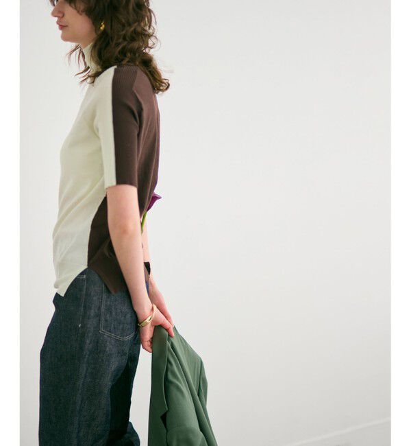 BEIGE,「【洗える】JULIE / シルク混カラーブロックタートルニット」|ニット・セーター|