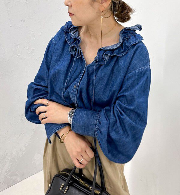Rie Miller「【RM denim】フリルギャザーデニムブラウス」|シャツ・ブラウス|
