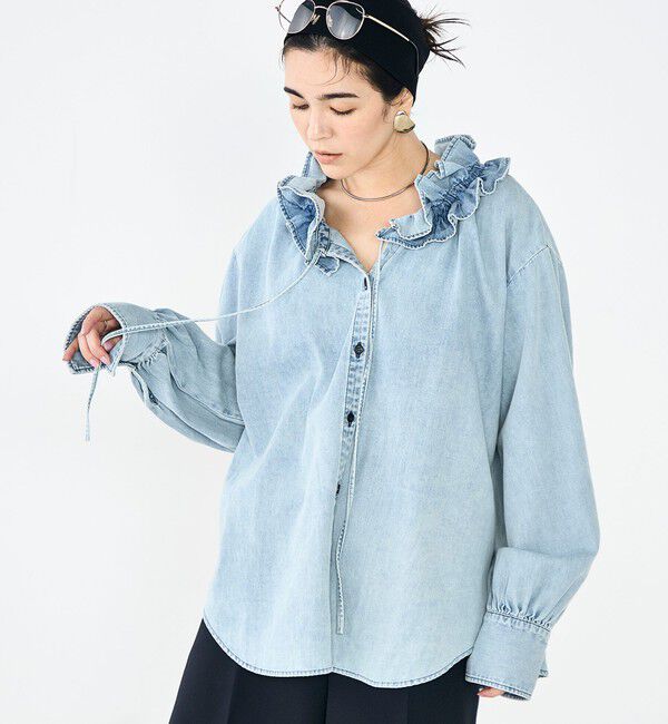 Rie Miller「【RM denim】フリルギャザーデニムブラウス」|シャツ・ブラウス|