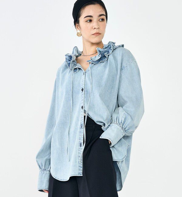 Rie Miller「【RM denim】フリルギャザーデニムブラウス」|シャツ・ブラウス|