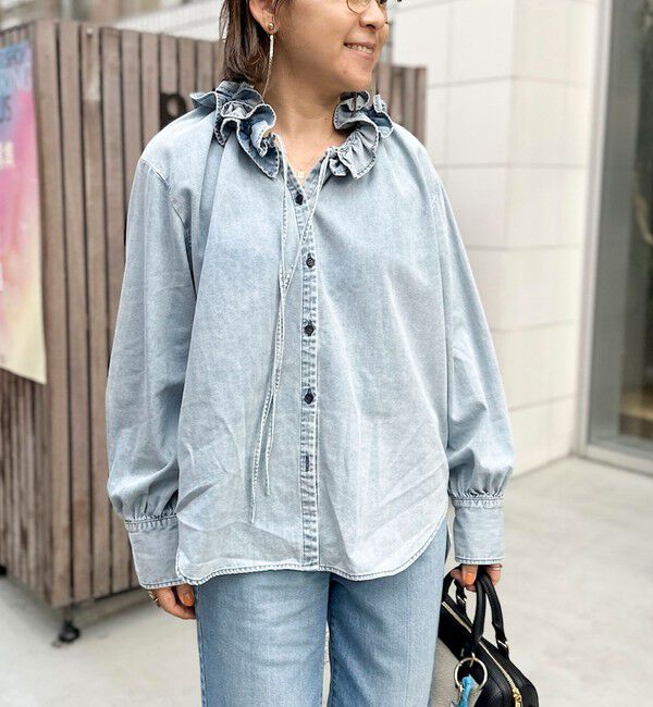 Rie Miller「【RM denim】フリルギャザーデニムブラウス」|シャツ・ブラウス|