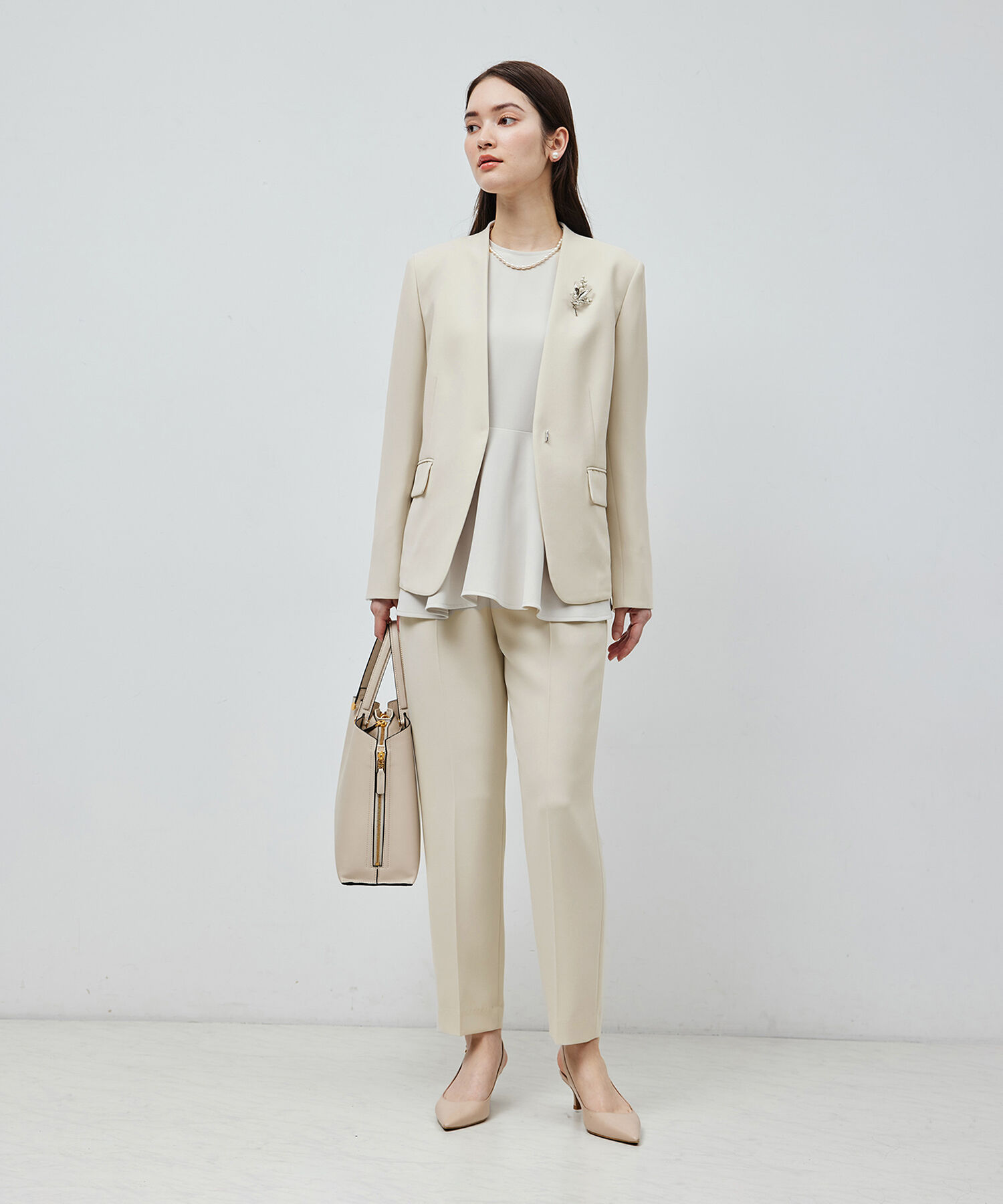 ROPE「トリアセテートダブルクロスVネックジャケット【セレモニー/通勤対応】【洗える】」|ノーカラージャケット|