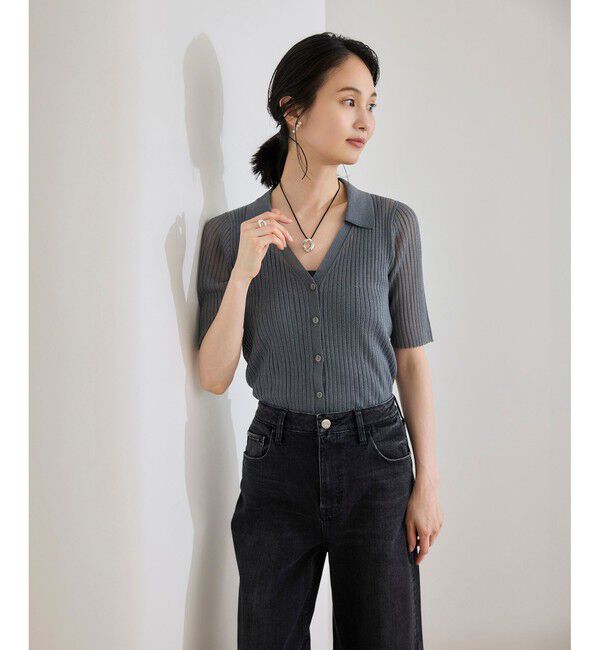 ROPE「【洗える】【WEB・一部店舗限定】シアーリブＶネックポロニット」|ニット・セーター|
