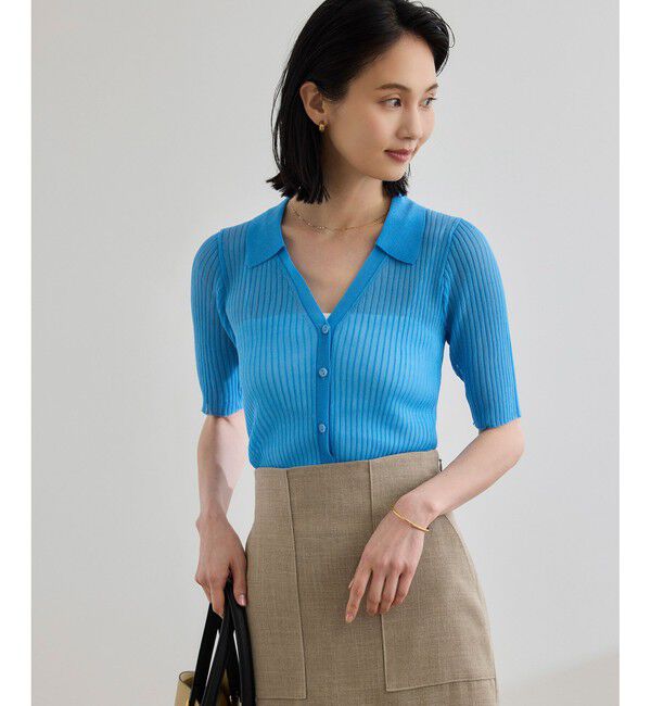 ROPE「【洗える】【WEB・一部店舗限定】シアーリブＶネックポロニット」|ニット・セーター|ターコイズ(49)