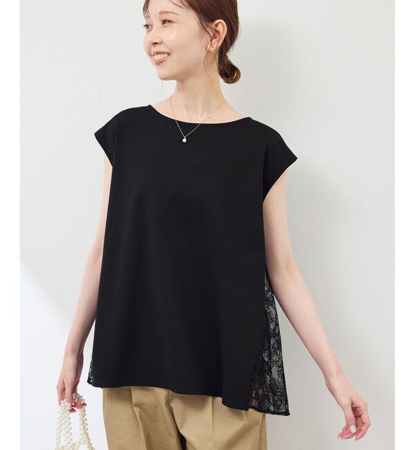 Rope&rsquo;Picnic「【UVカット・接触冷感】レースドッキングカットトップス」|Tシャツ・カットソー|ブラック(01)