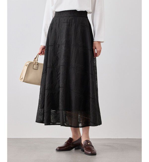 Rope&rsquo;Picnic「刺繍レースフレアスカート」|スカート|ブラック(01)