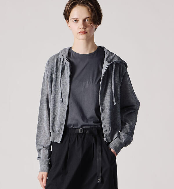 LE GLAZIK「LE GLAZIK | シアーニット ジップパーカー WOMEN」|ニット・セーター|DKGREY