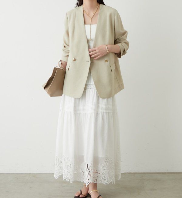  「麻調合繊ノーカラージャケット」|テーラードジャケット|