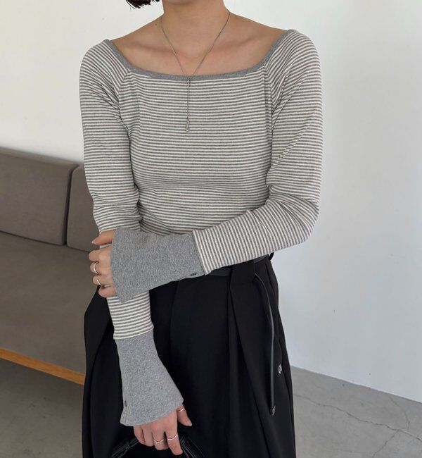  「ボーダー袖ボタンロンT」|Tシャツ・カットソー|