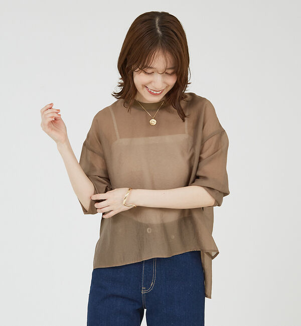 abahouse mavie「【シアートップス】７分袖シアーTシャツ」|Tシャツ・カットソー|