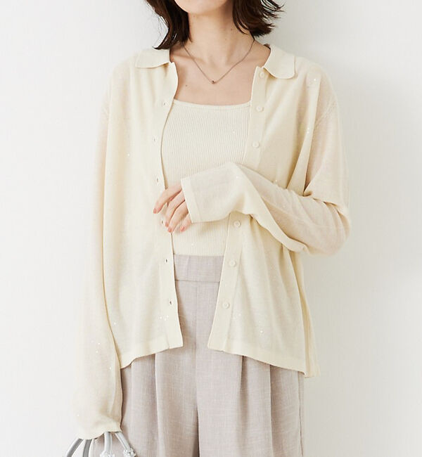 abahouse mavie「【アンサンブル対応】スパンコールシアーニットシャツ」|ニット・セーター|アイボリー