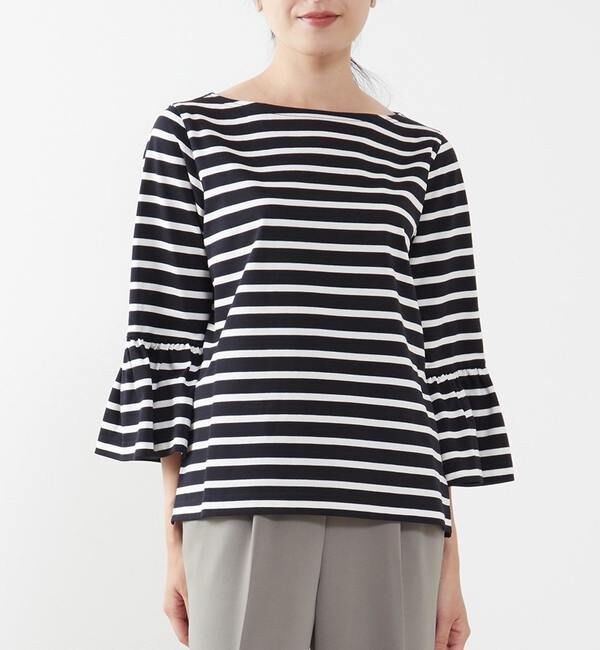 TIARA「ペプラムスリーブカットソー」|Tシャツ・カットソー|ホワイト&times;ネイビー