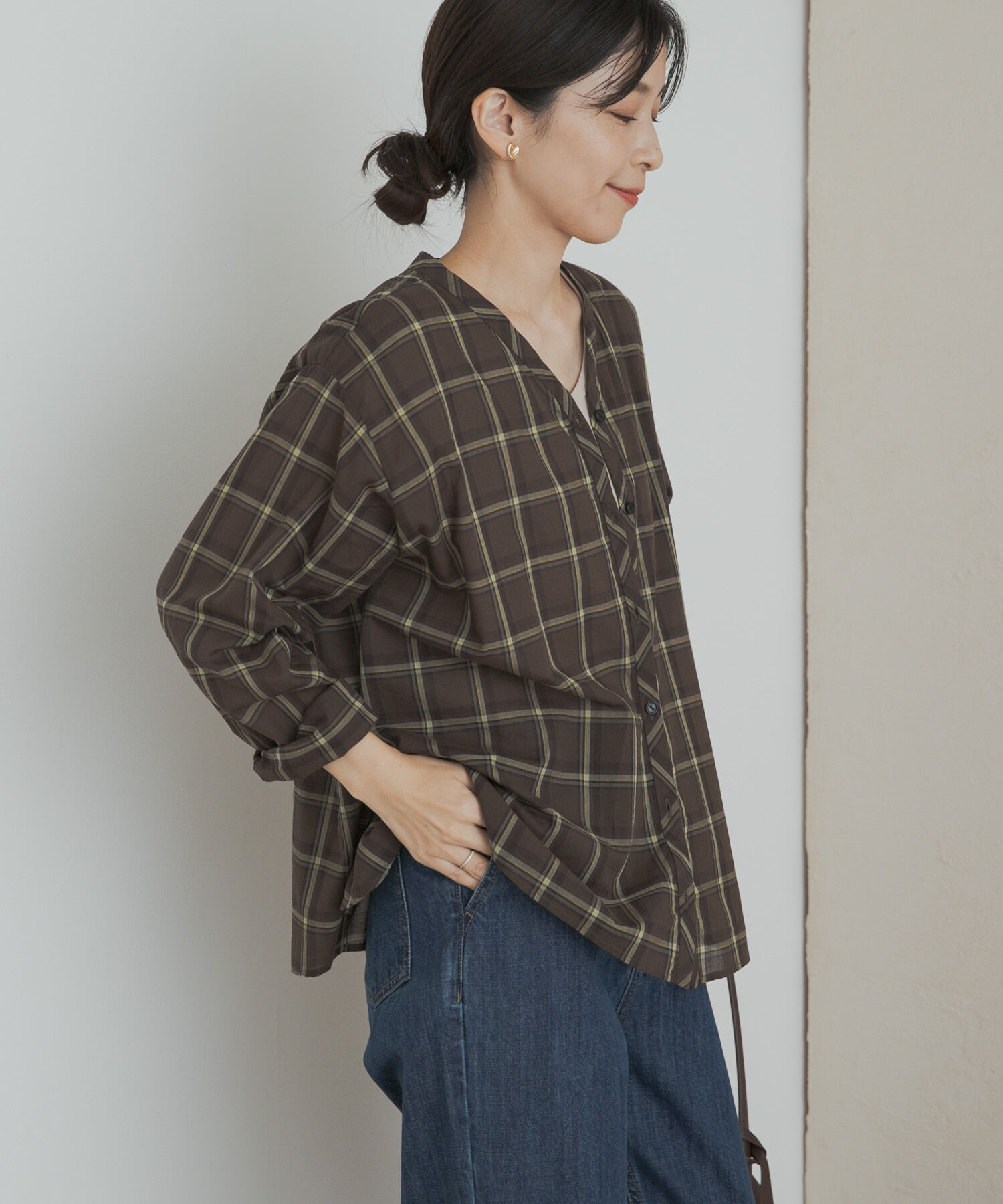 URBAN RESEARCH DOORS「チェックフレアブラウス」|Tシャツ・カットソー|ブラウン系その他