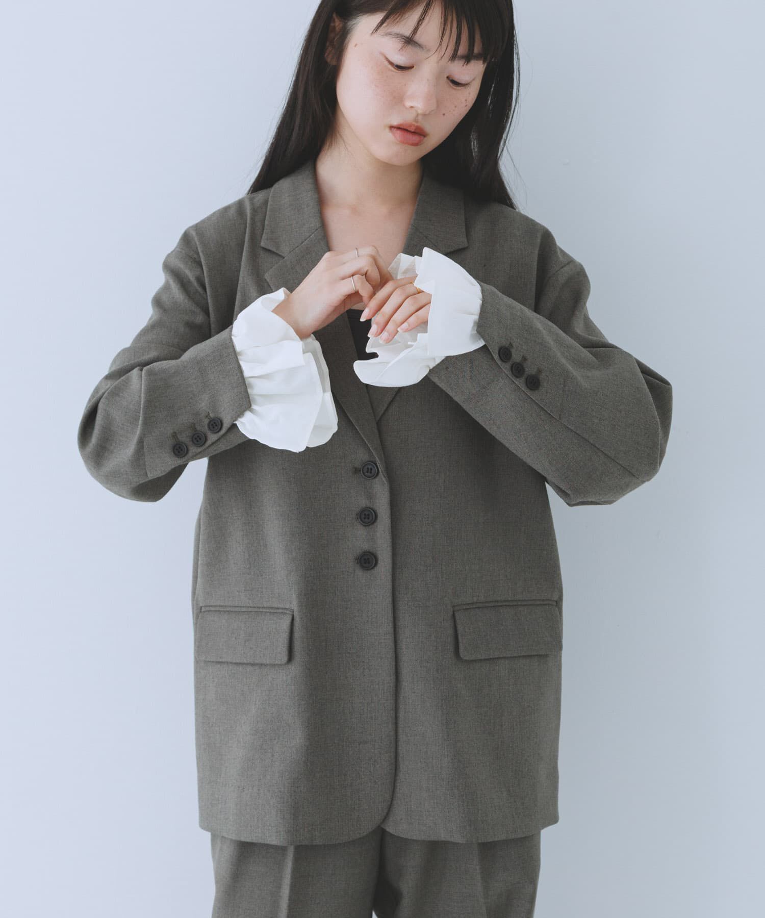  「フリルスリーブテーラードジャケット」|その他|グレー系その他