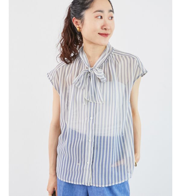  「《手洗い可能》楊柳シアーストライプボウタイブラウス」|シャツ・ブラウス|