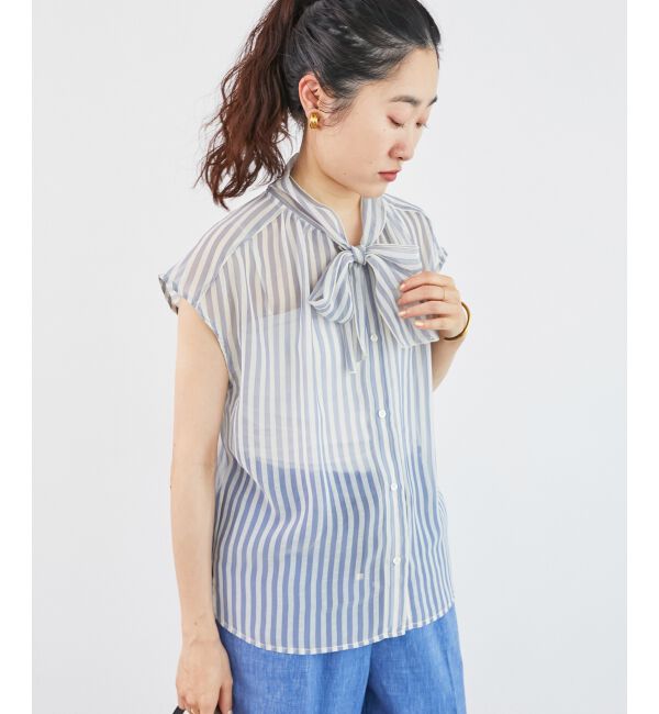 「《手洗い可能》楊柳シアーストライプボウタイブラウス」|シャツ・ブラウス|