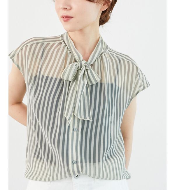  「《手洗い可能》楊柳シアーストライプボウタイブラウス」|シャツ・ブラウス|