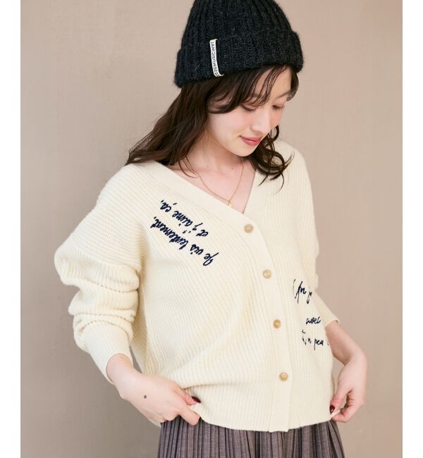  「メッセージ刺繍Vカーディガン」|カーディガン|