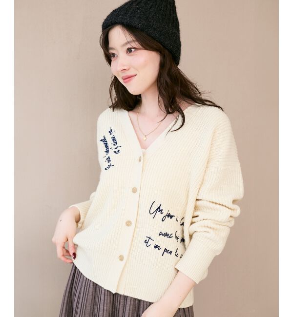  「メッセージ刺繍Vカーディガン」|カーディガン|