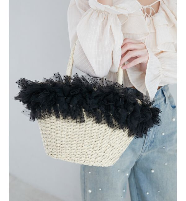  「フリルチュールかごバッグ」|かごバッグ|ブラック柄