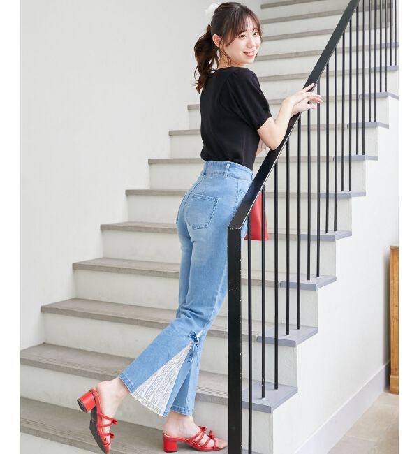  「◎レースベルトセット裾リボンデニム」|デニム|