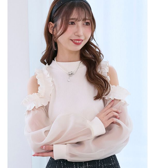  「オープンショルダーフリルカットトップス」|Tシャツ・カットソー|アイボリー