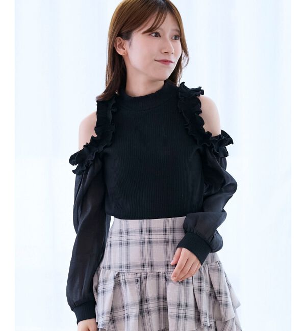  「オープンショルダーフリルカットトップス」|Tシャツ・カットソー|