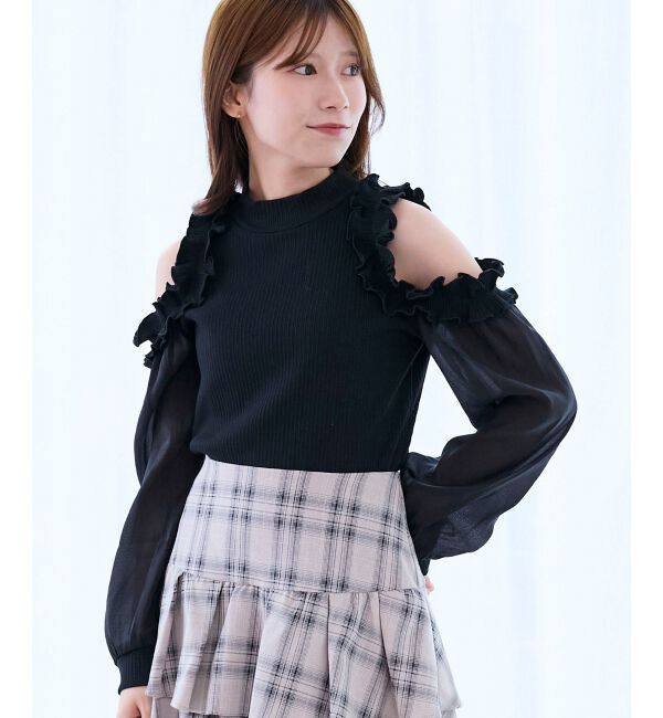  「オープンショルダーフリルカットトップス」|Tシャツ・カットソー|