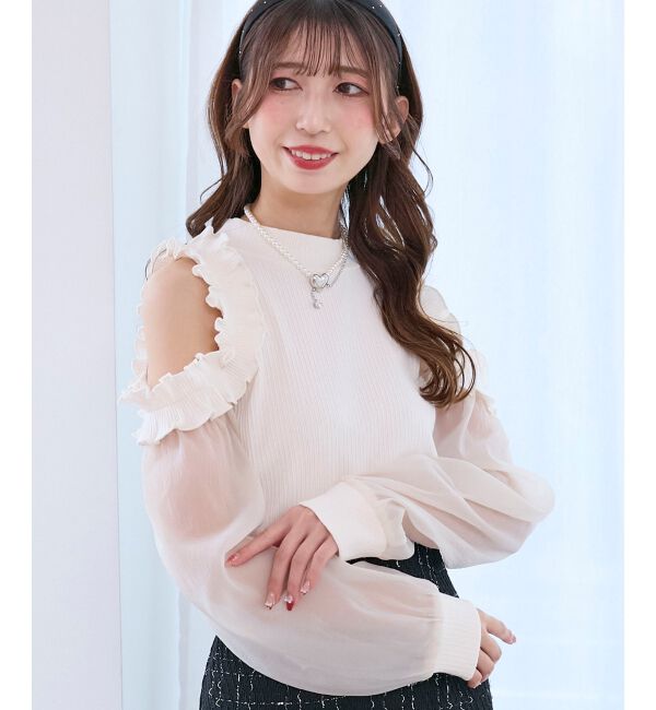  「オープンショルダーフリルカットトップス」|Tシャツ・カットソー|