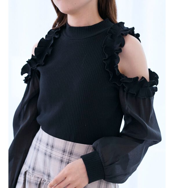  「オープンショルダーフリルカットトップス」|Tシャツ・カットソー|ブラック