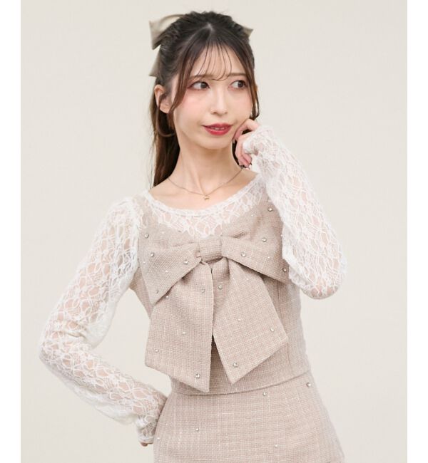  「ビッグリボンビジュービスチェ」|キャミソール|ピンクベージュ