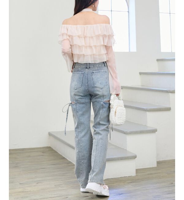  「スリットビジューフレアデニムパンツ」|デニム|