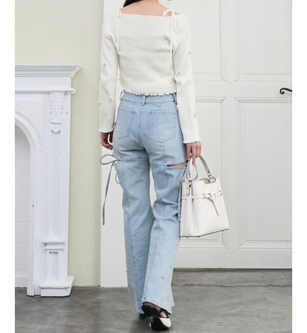  「スリットビジューフレアデニムパンツ」|デニム|