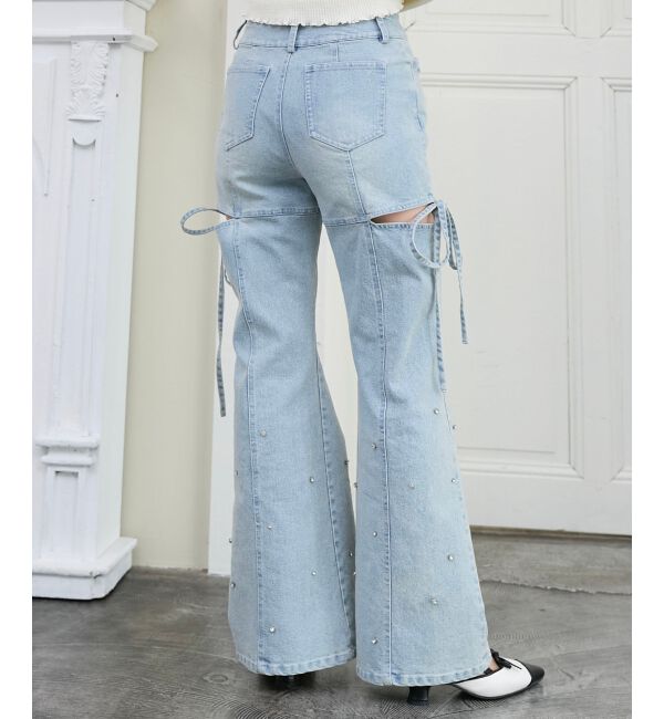  「スリットビジューフレアデニムパンツ」|デニム|