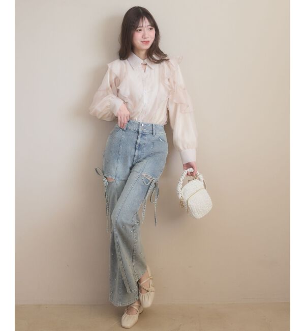  「スリットビジューフレアデニムパンツ」|デニム|