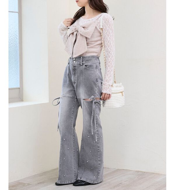  「スリットビジューフレアデニムパンツ」|デニム|